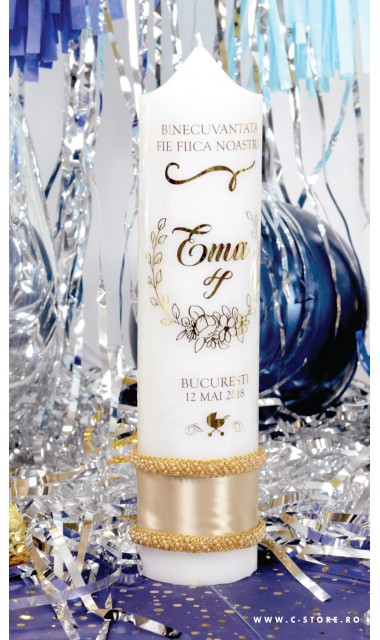 Lumanare de botez personalizata, print folio gold, 30x8cm, Ema 3